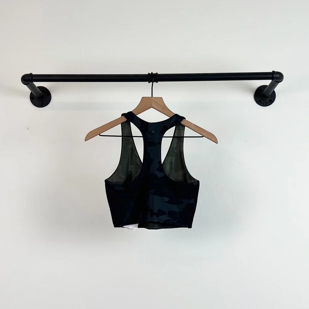 NWT Prana Momento Racerback Crop Top Sports Bra Reversible Camo Print